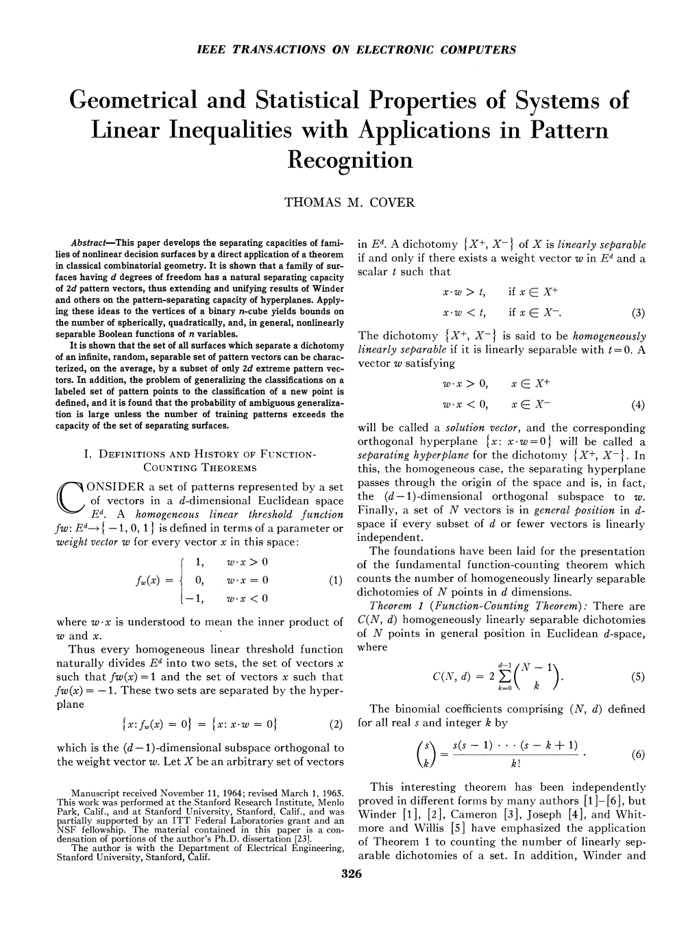 Geometrical and Statistical Properties of Systems of Linear Inequalities with Applications in Pattern Recognition