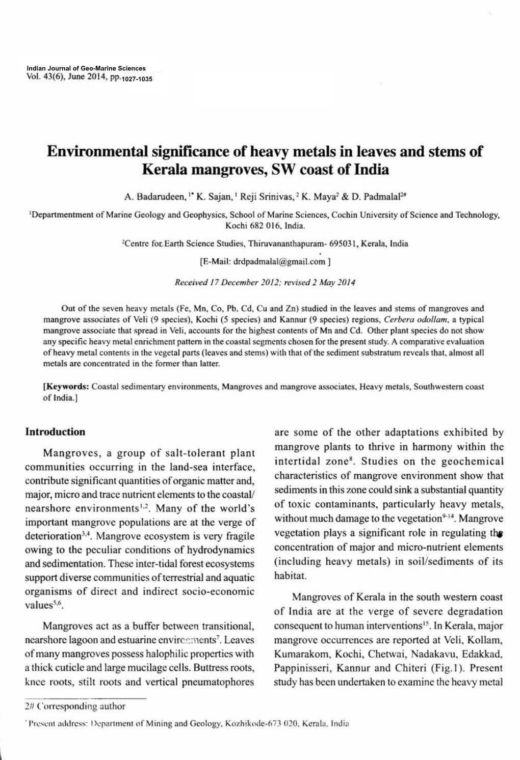 Environmental Significance of Heavy Metals in Leaves and Stems of Kerala Mangroves, SW Coast of India