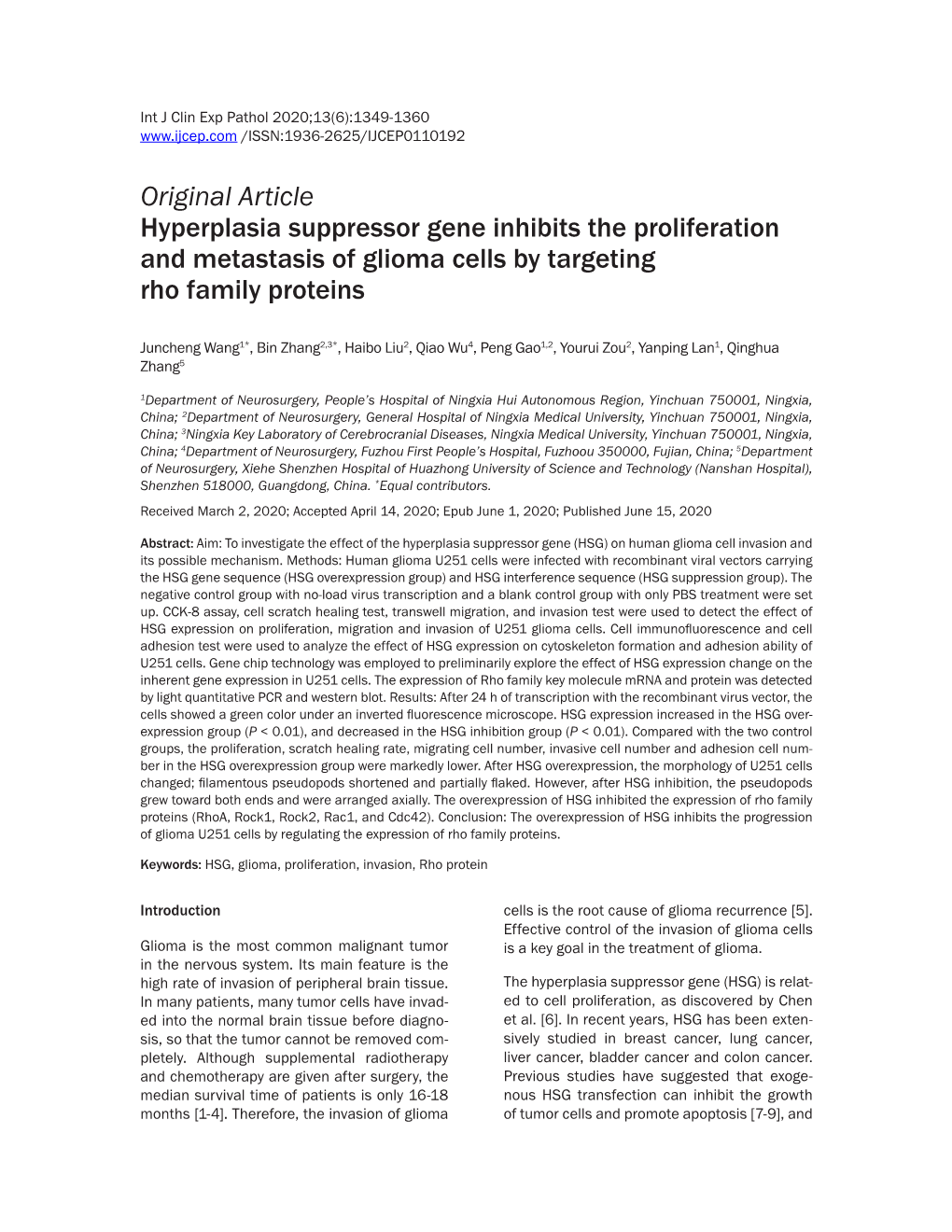 Original Article Hyperplasia Suppressor Gene Inhibits the Proliferation and Metastasis of Glioma Cells by Targeting Rho Family Proteins