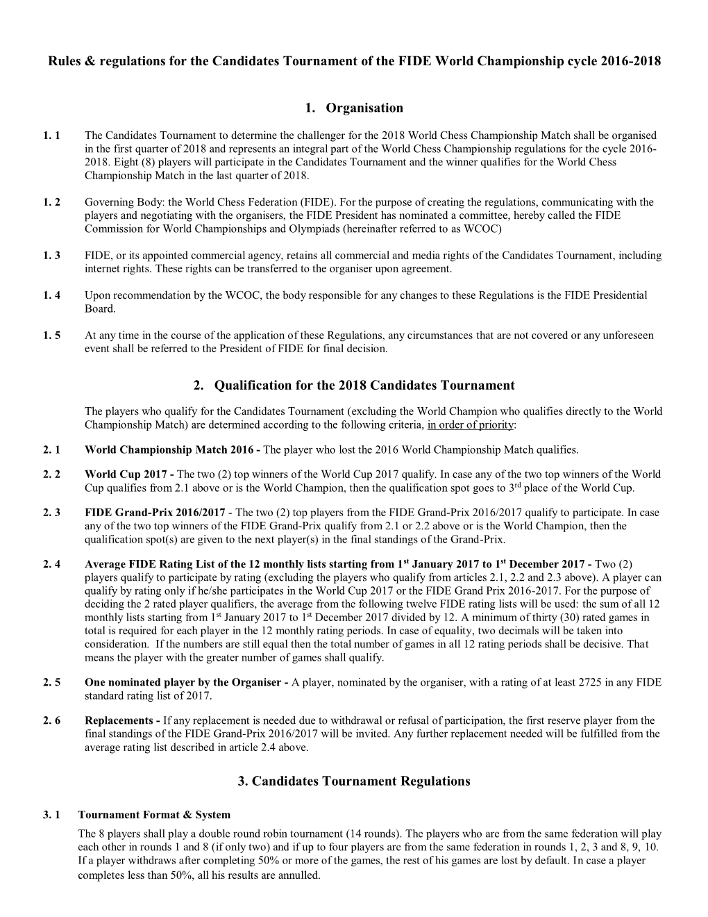 Rules & Regulations for the Candidates Tournament of the FIDE