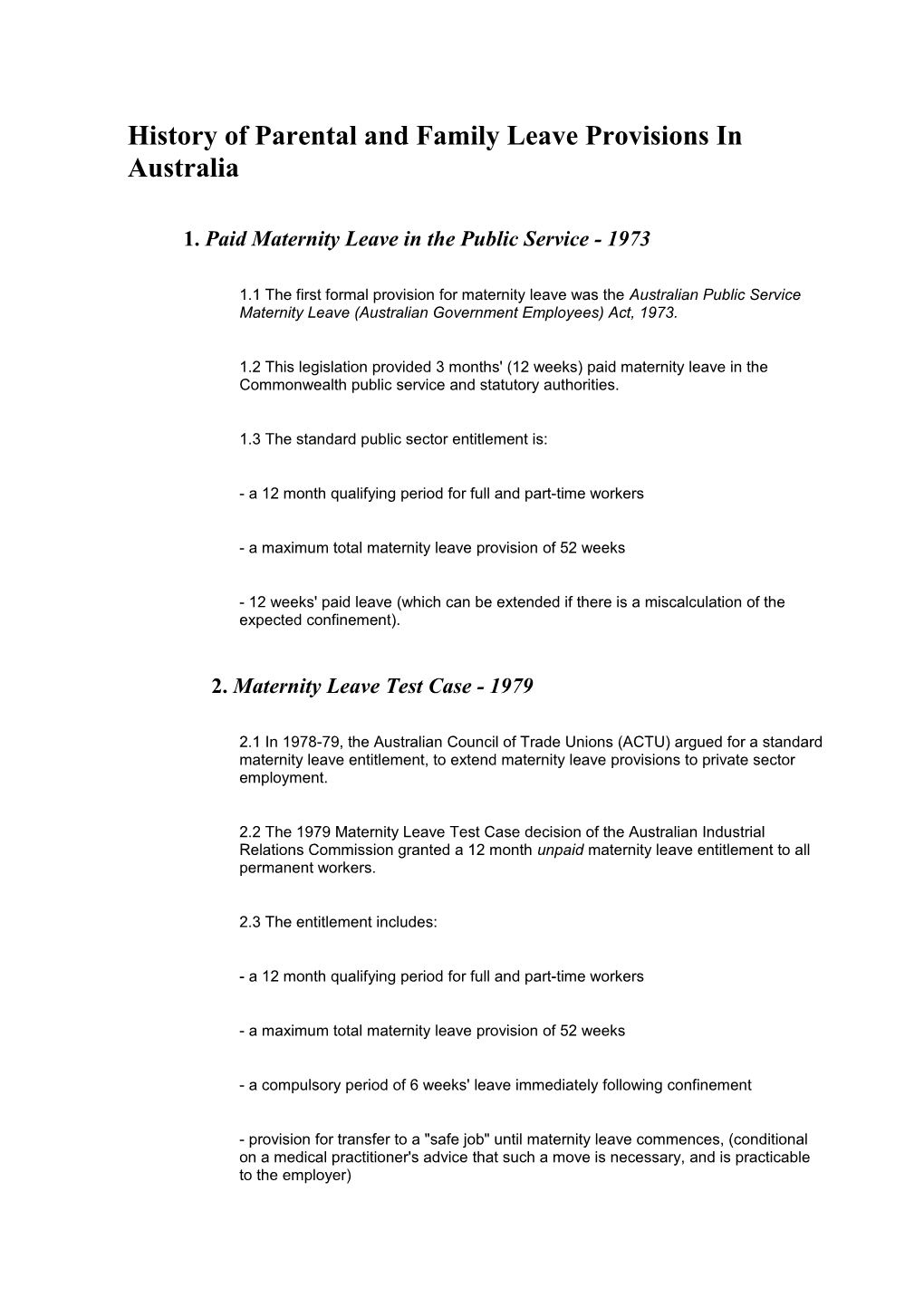 History of Parental and Family Leave Provisions in Australia