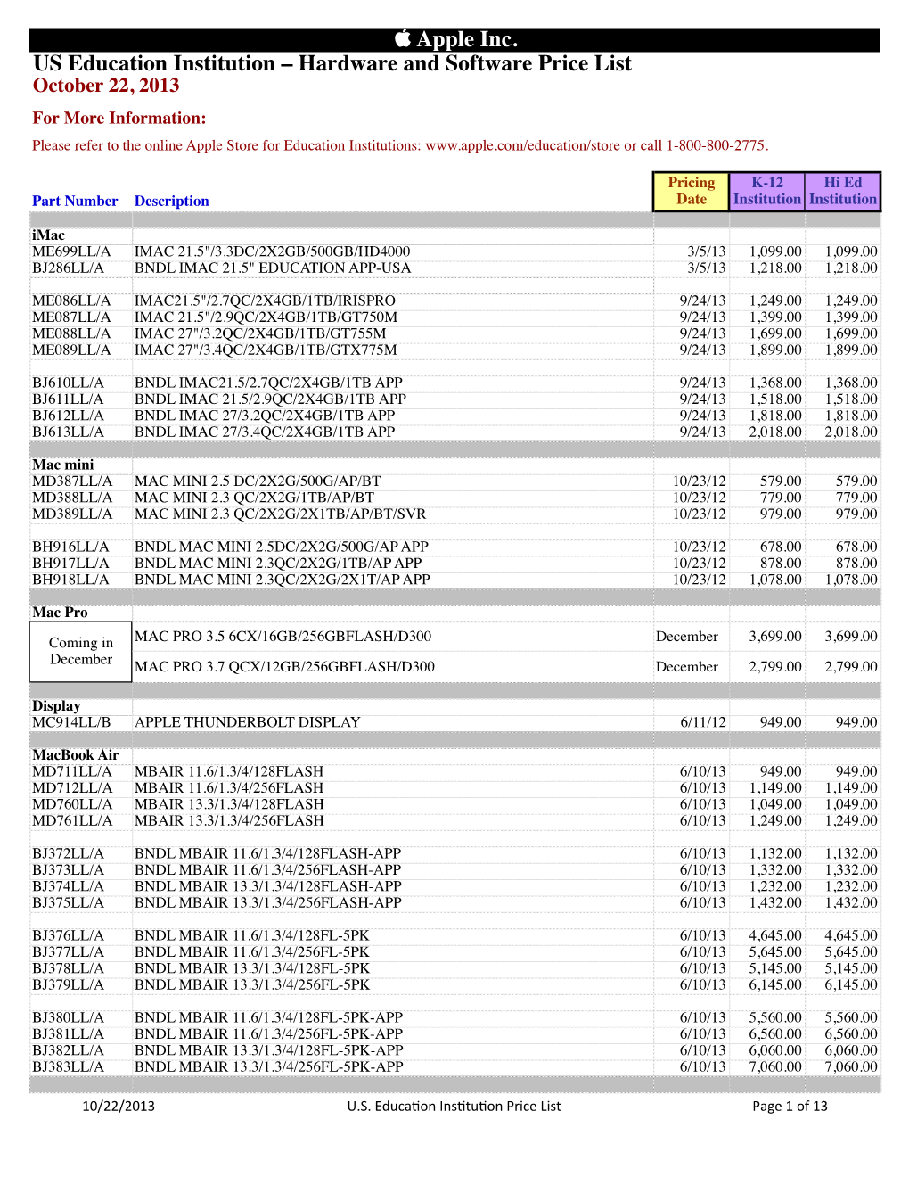 US Education Institution Price List