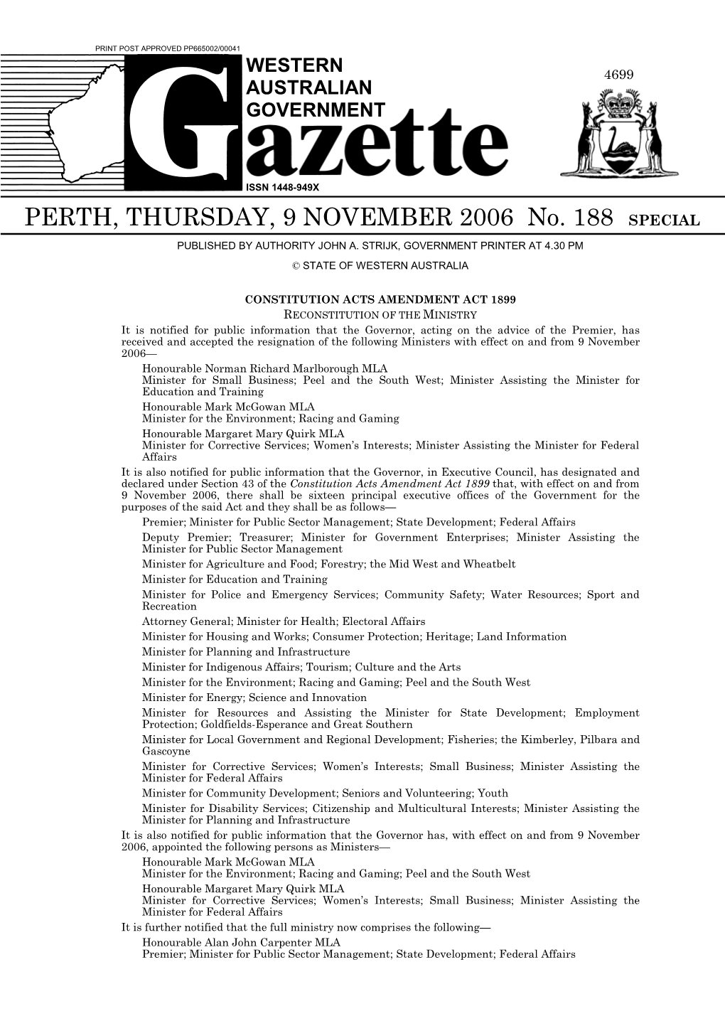 PERTH, THURSDAY, 9 NOVEMBER 2006 No. 188 SPECIAL PUBLISHED by AUTHORITY JOHN A