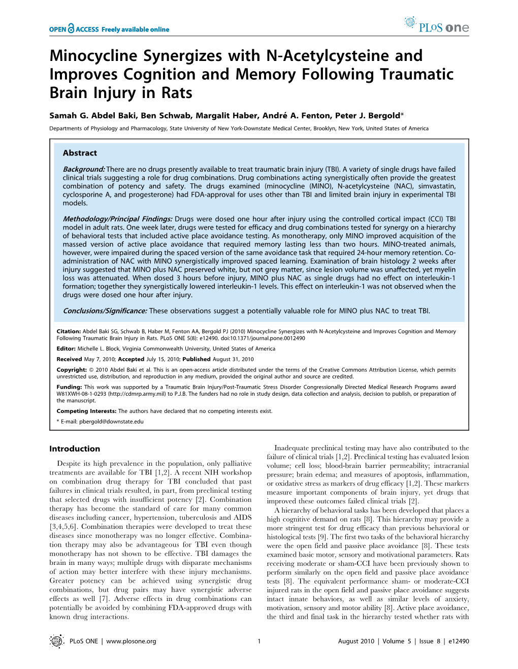 Minocycline Synergizes with N-Acetylcysteine and Improves Cognition and Memory Following Traumatic Brain Injury in Rats