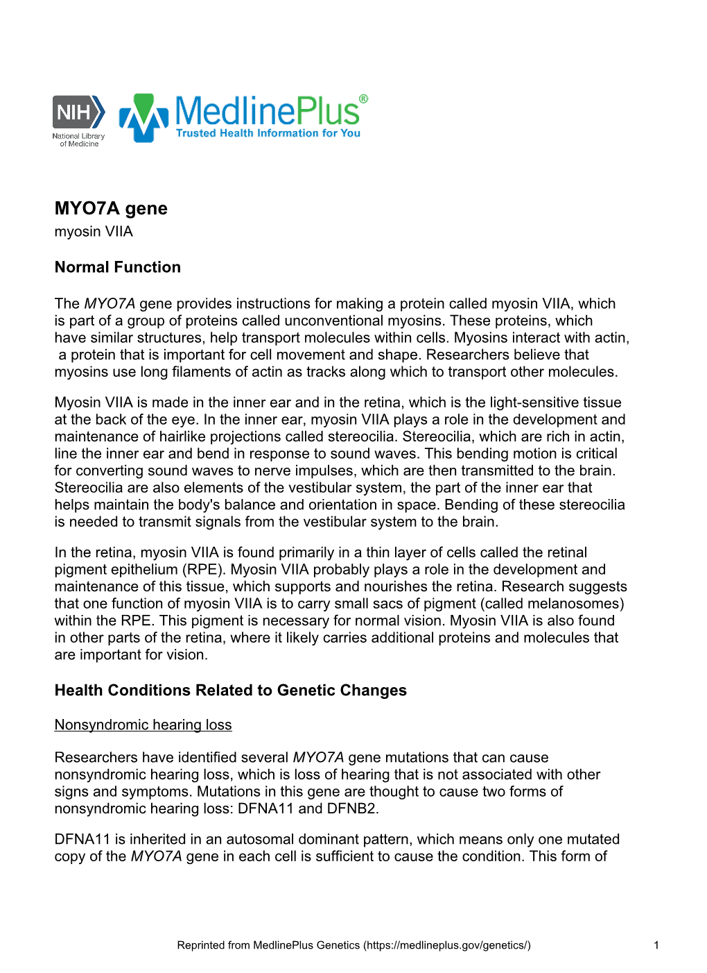 MYO7A Gene Myosin VIIA