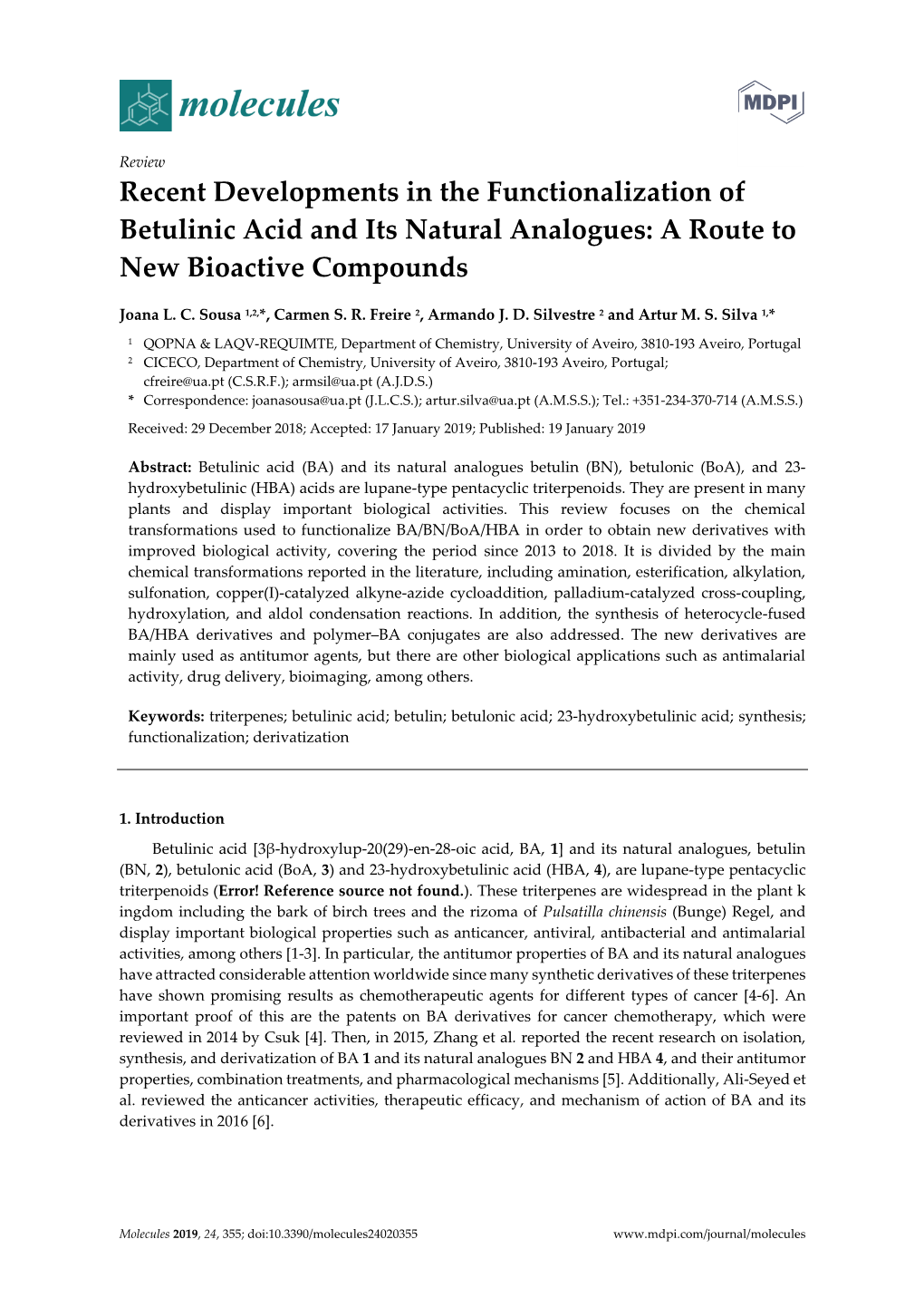 Recent Developments in the Functionalization of Betulinic Acid and Its Natural Analogues: a Route to New Bioactive Compounds