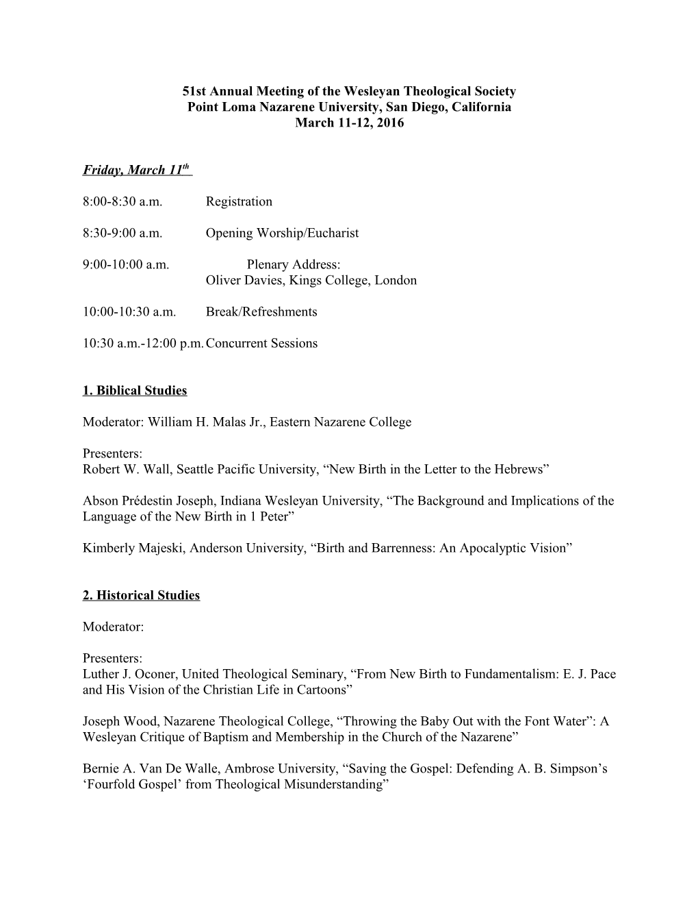 51St Annual Meeting of the Wesleyan Theological Society