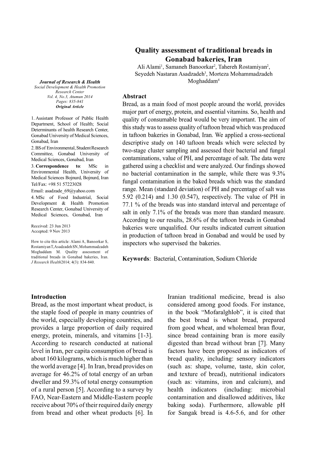 Quality Assessment of Traditional Breads in Gonabad Bakeries, Iran