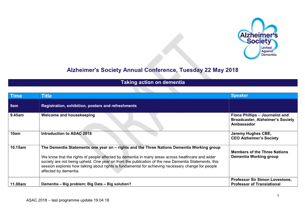 Alzheimer's Society Annual Conference, Tuesday 22 May 2018