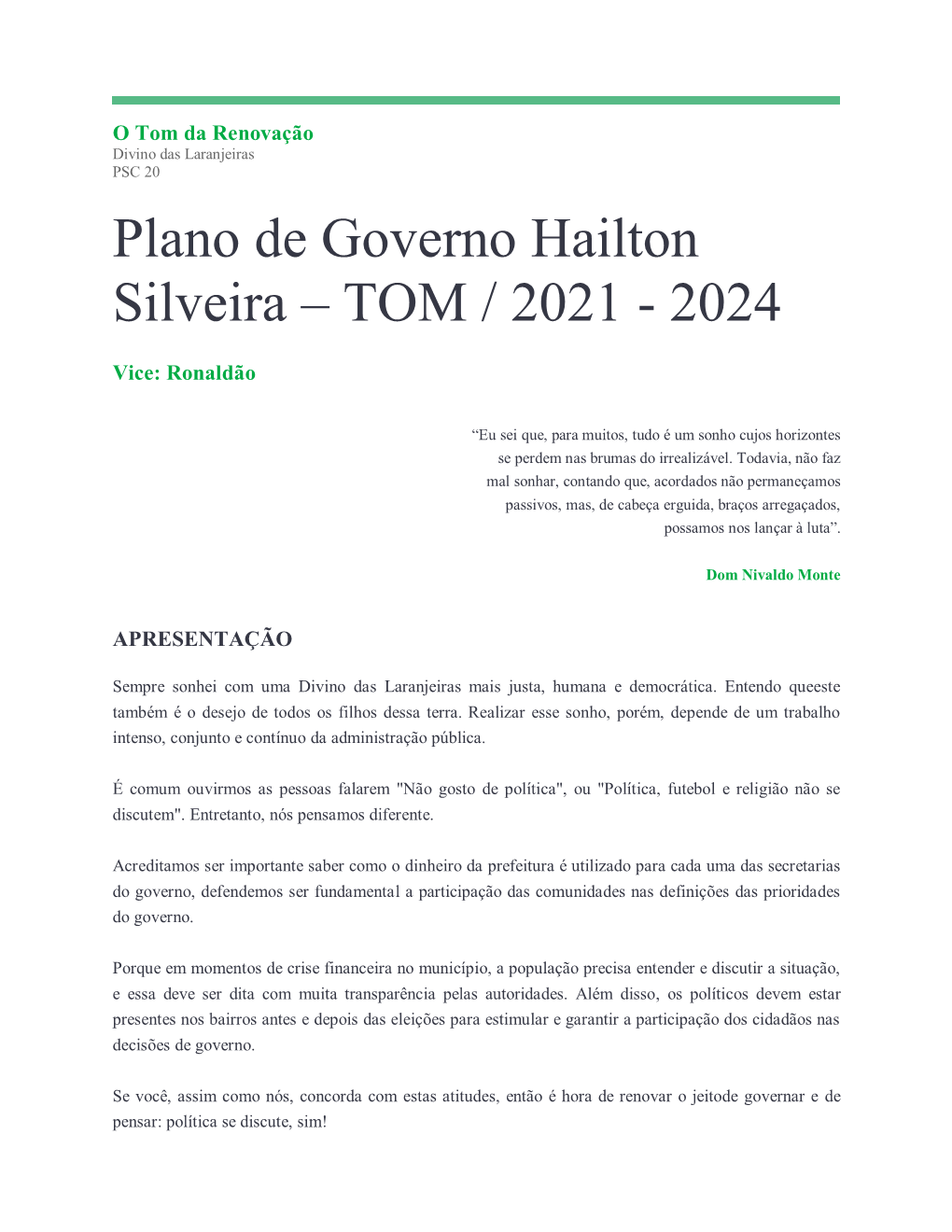 Plano De Governo Hailton Silveira – TOM / 2021 - 2024