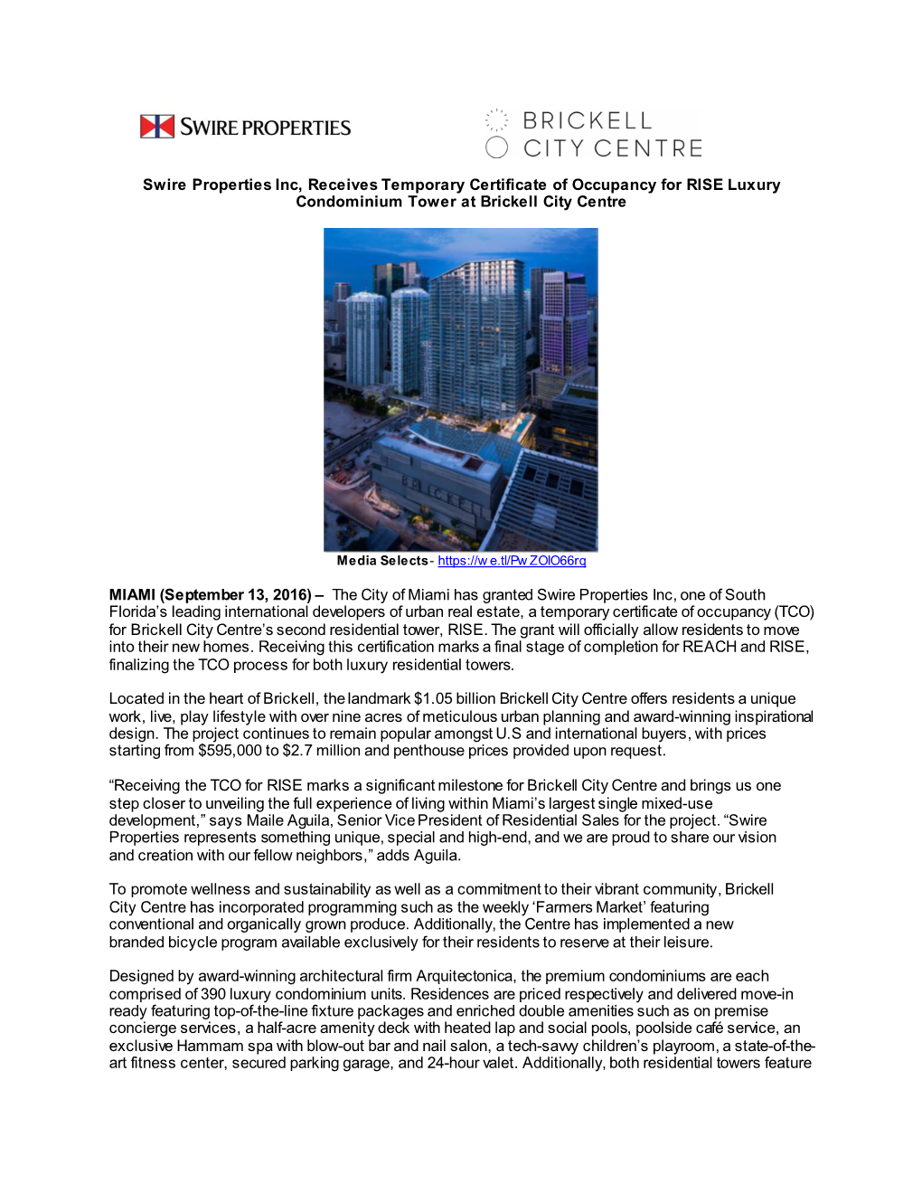 Swire Properties Inc, Receives Temporary Certificate of Occupancy for RISE Luxury Condominium Tower at Brickell City Centre