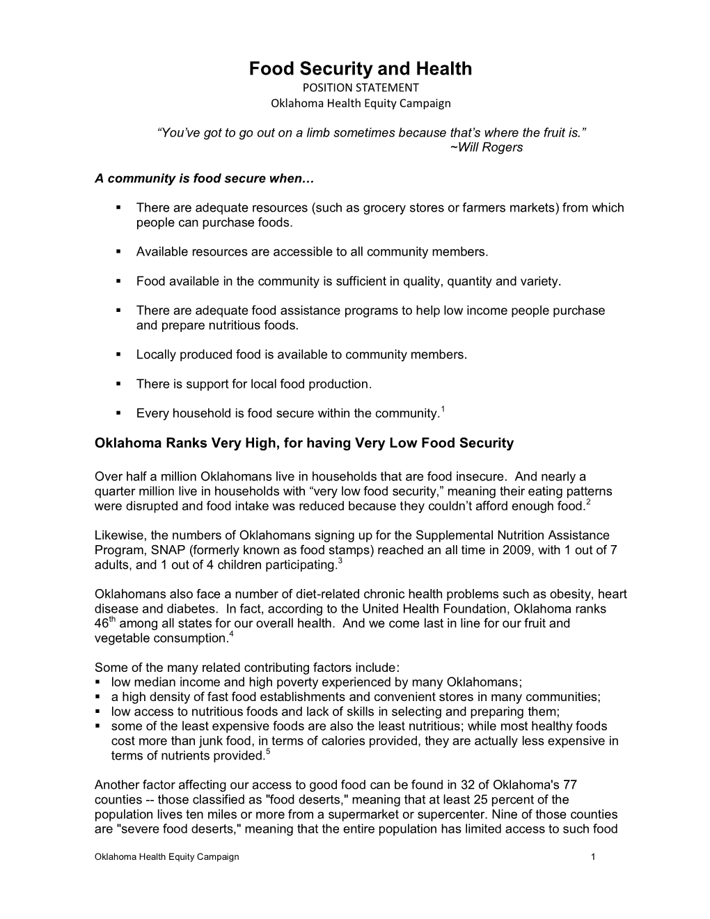 Food Security and Health POSITION STATEMENT Oklahoma Health Equity Campaign