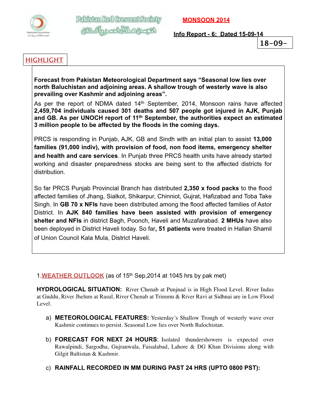 PRCS Sitrep No.6, Monsoon Floods 15Th Sep, 14