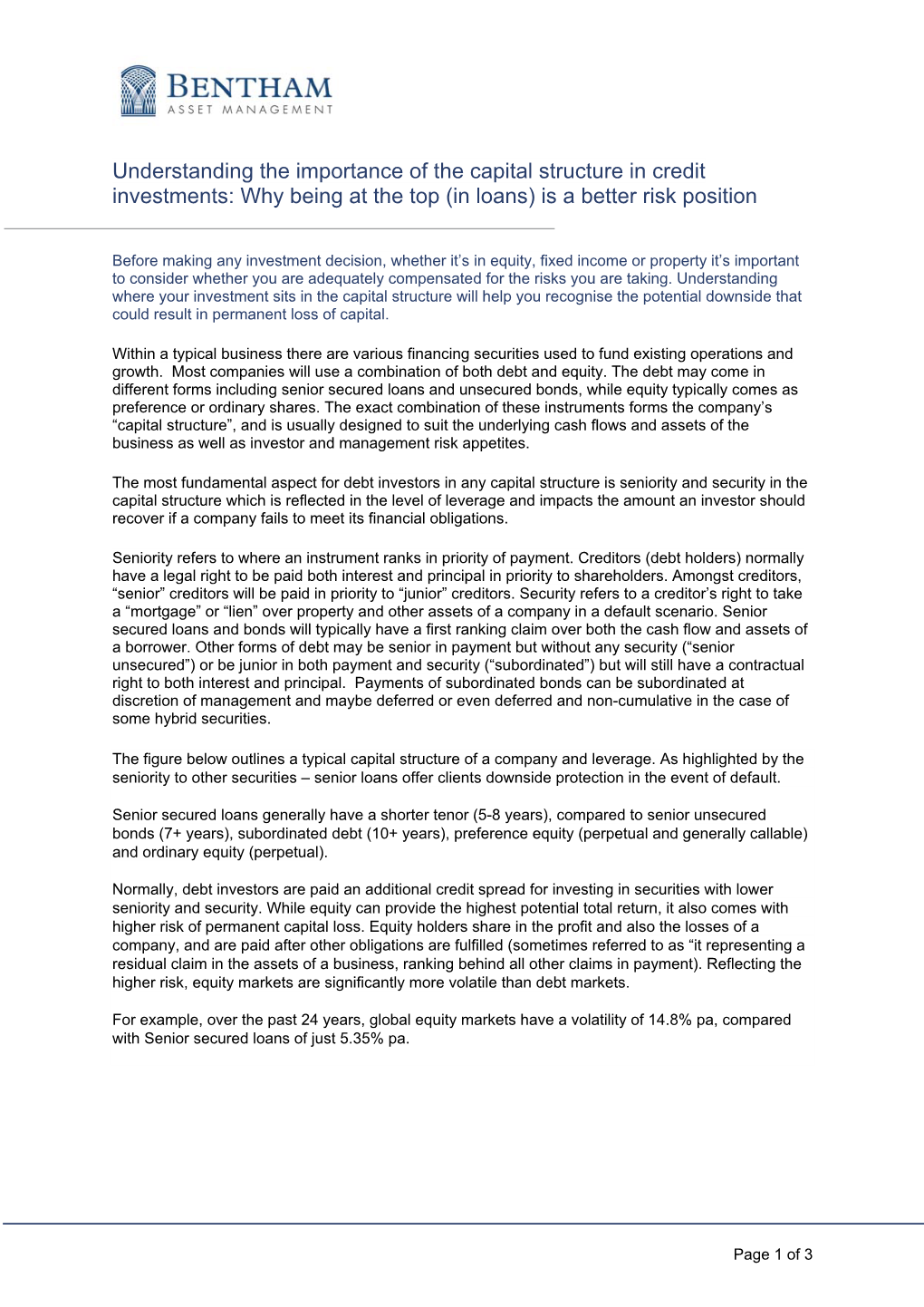 The Importance of the Capital Structure in Credit Investments: Why Being at the Top (In Loans) Is a Better Risk Position