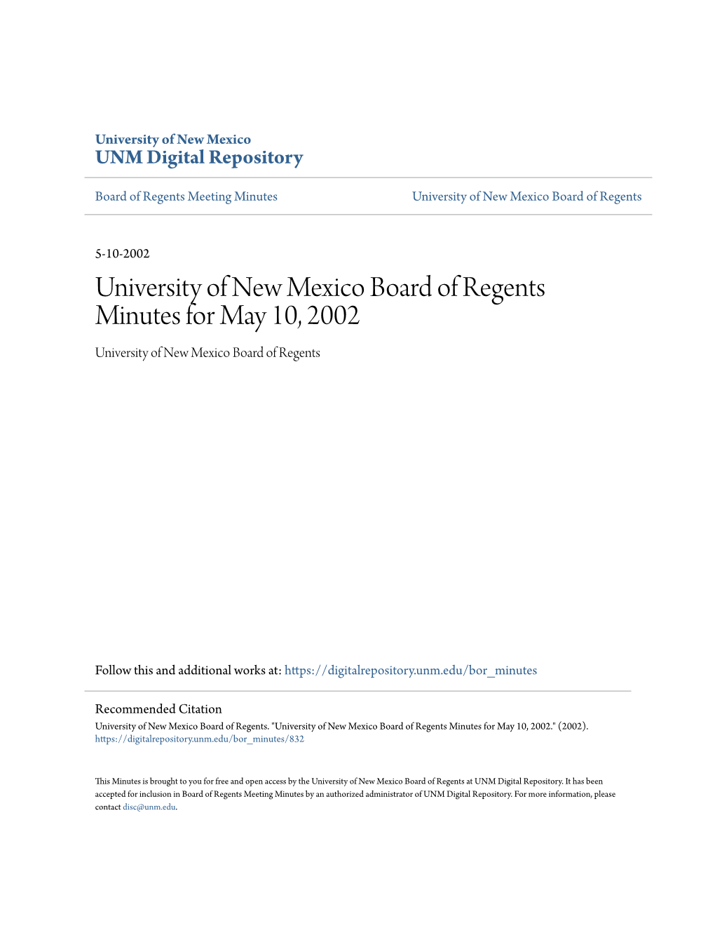 University of New Mexico Board of Regents Minutes for May 10, 2002 University of New Mexico Board of Regents