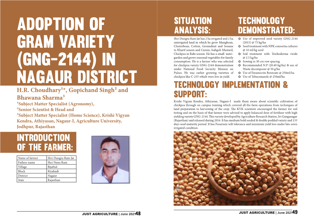 Adoption of Gram Variety (GNG-2144) in Nagaur District