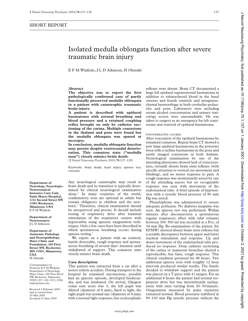 Isolated Medulla Oblongata Function After Severe Traumatic Brain Injury