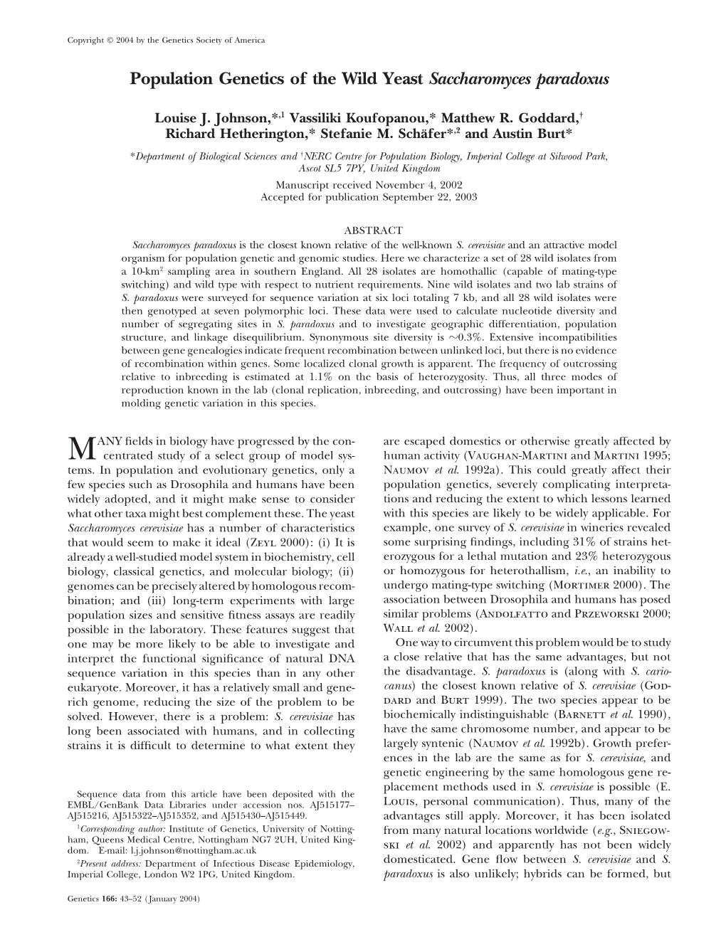 Population Genetics of the Wild Yeast Saccharomyces Paradoxus