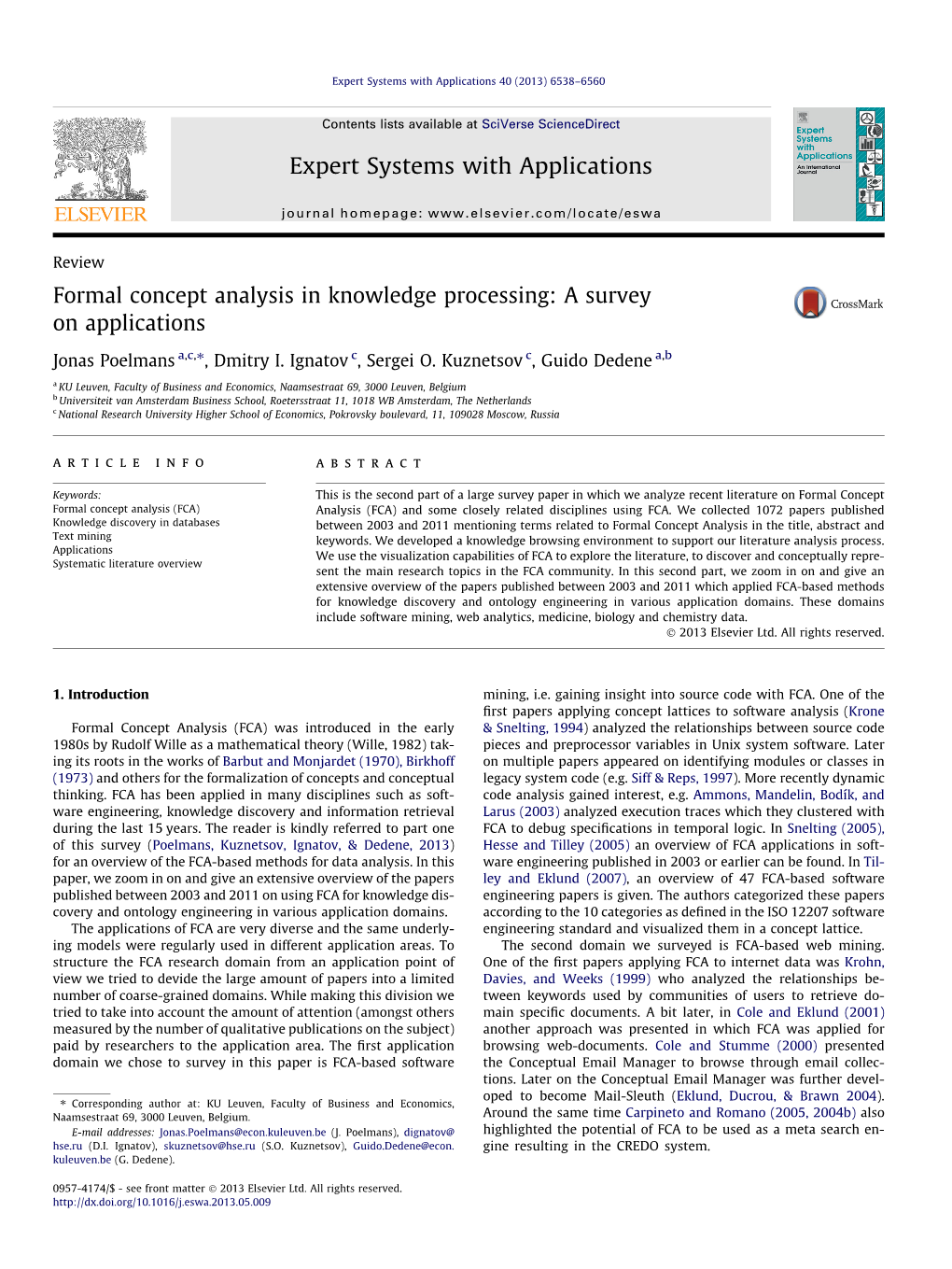 Formal Concept Analysis in Knowledge Processing: a Survey on Applications ⇑ Jonas Poelmans A,C, , Dmitry I