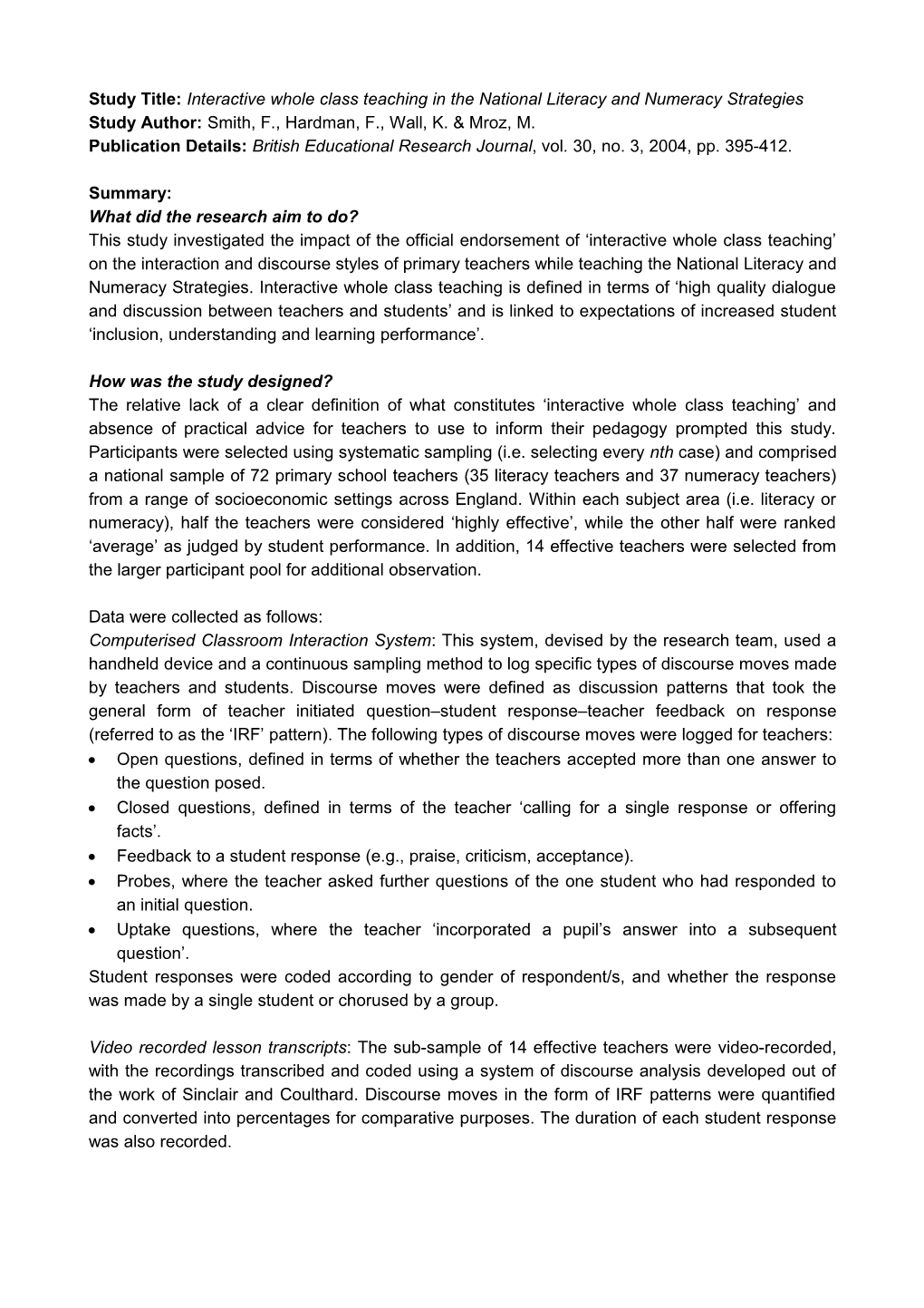 Interactive Whole Class Teaching in the National Literacy and Numeracy Strategies