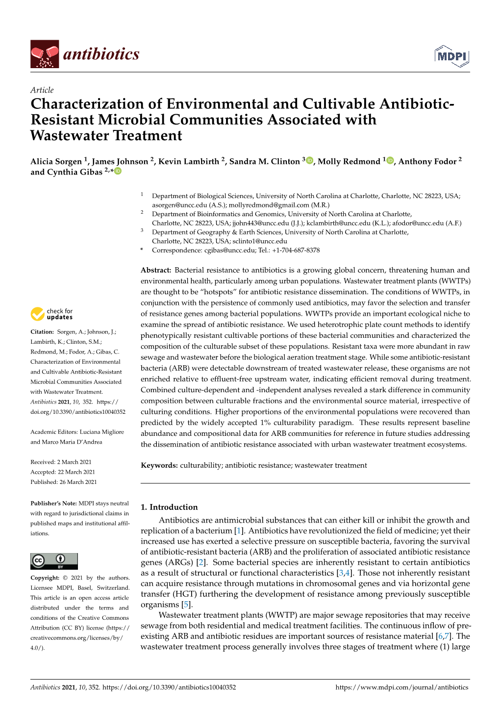 Characterization of Environmental and Cultivable Antibiotic- Resistant Microbial Communities Associated with Wastewater Treatment