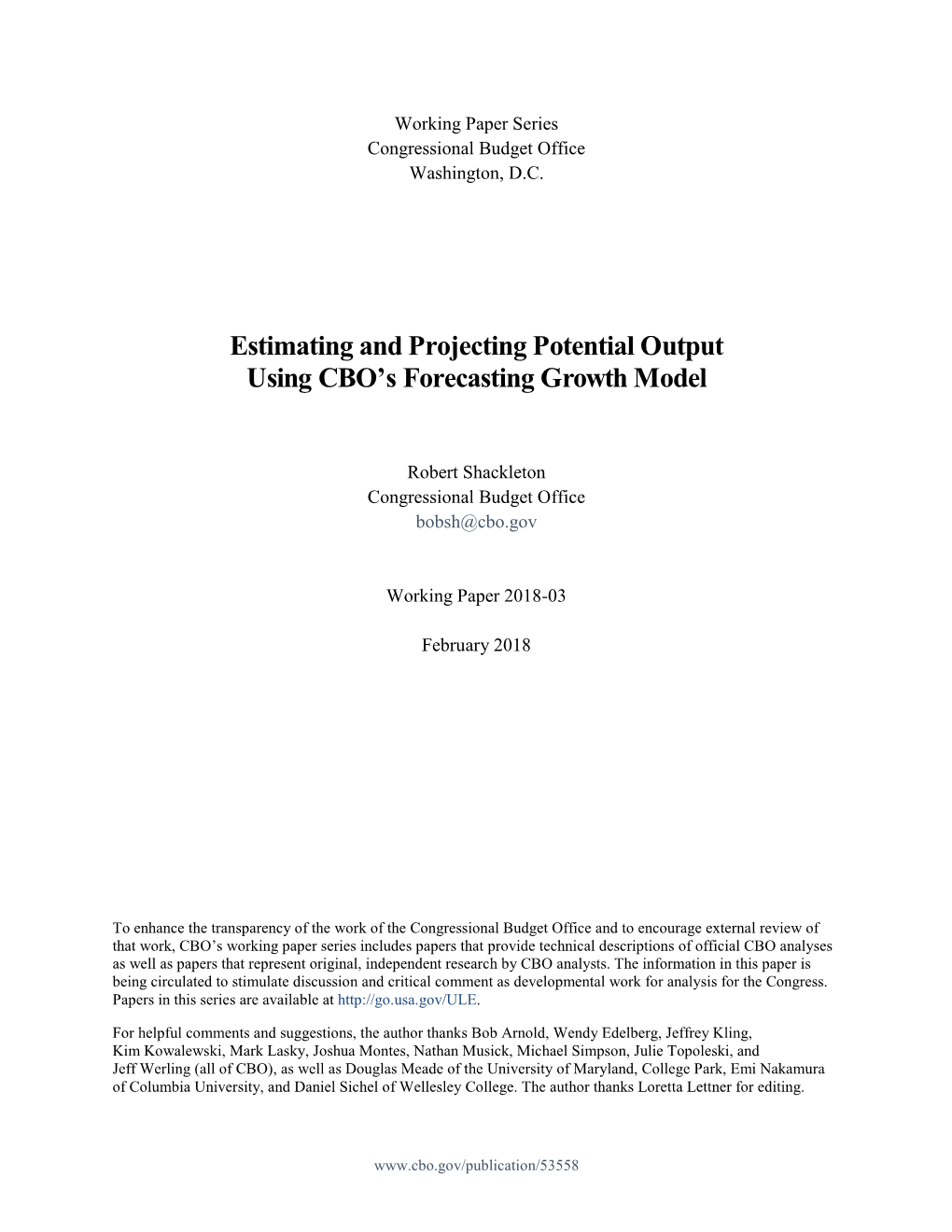 Estimating and Projecting Potential Output Using CBO's Forecasting