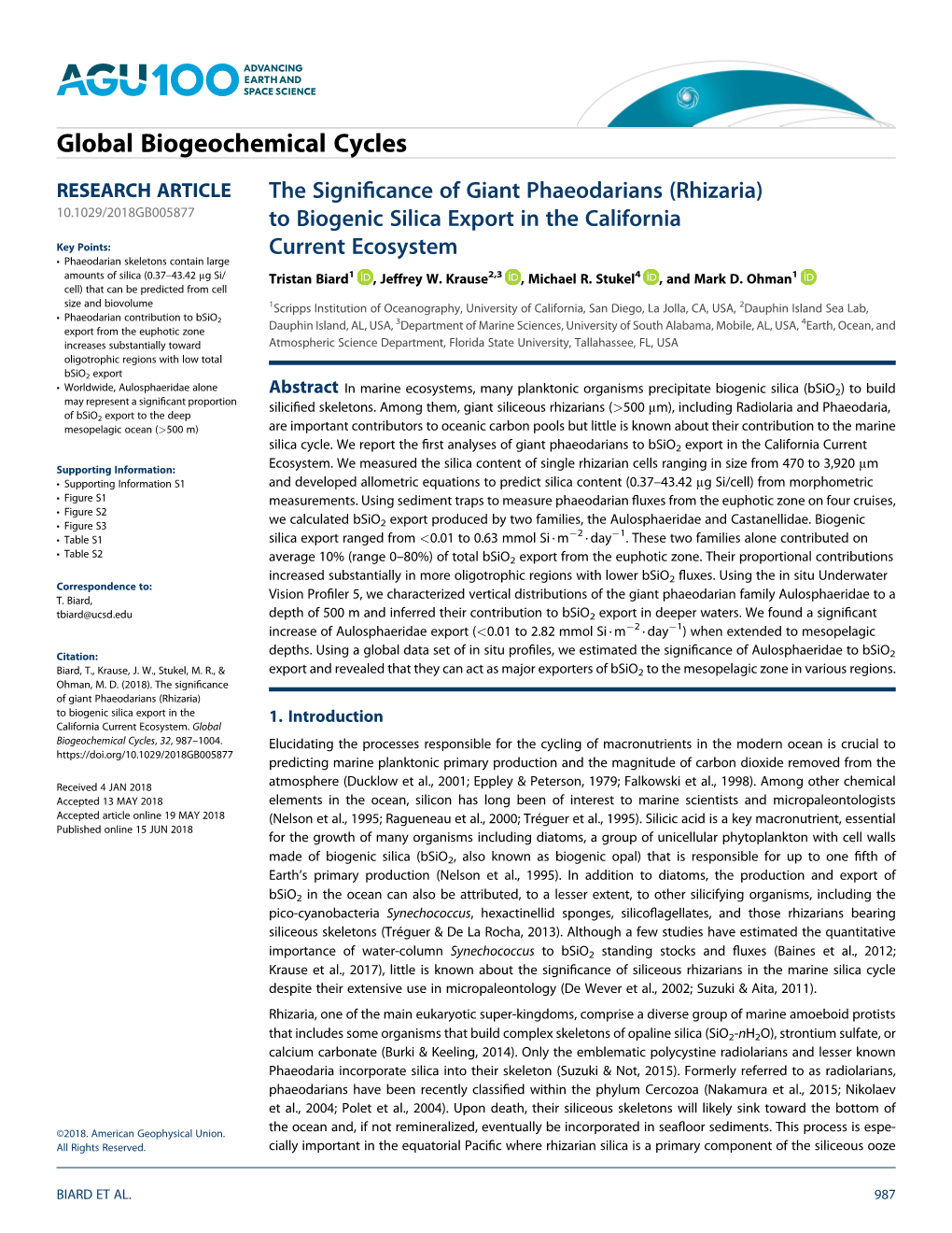 (Rhizaria) to Biogenic Silica Export in the California Current Ecosystem