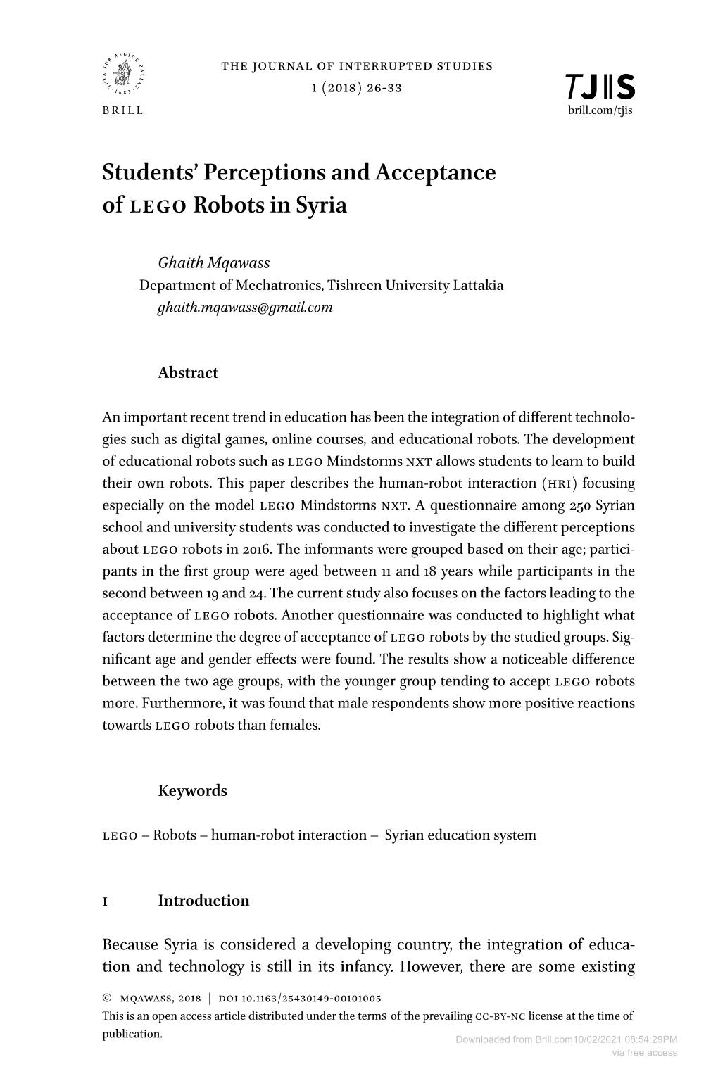 Students' Perceptions and Acceptance of Lego Robots in Syria