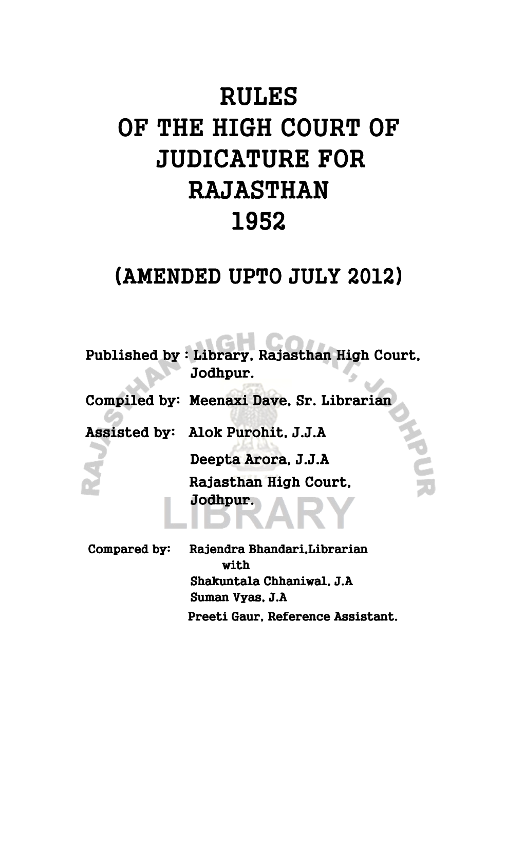 Rules of the High Court of Judicature for Rajasthan, 1952