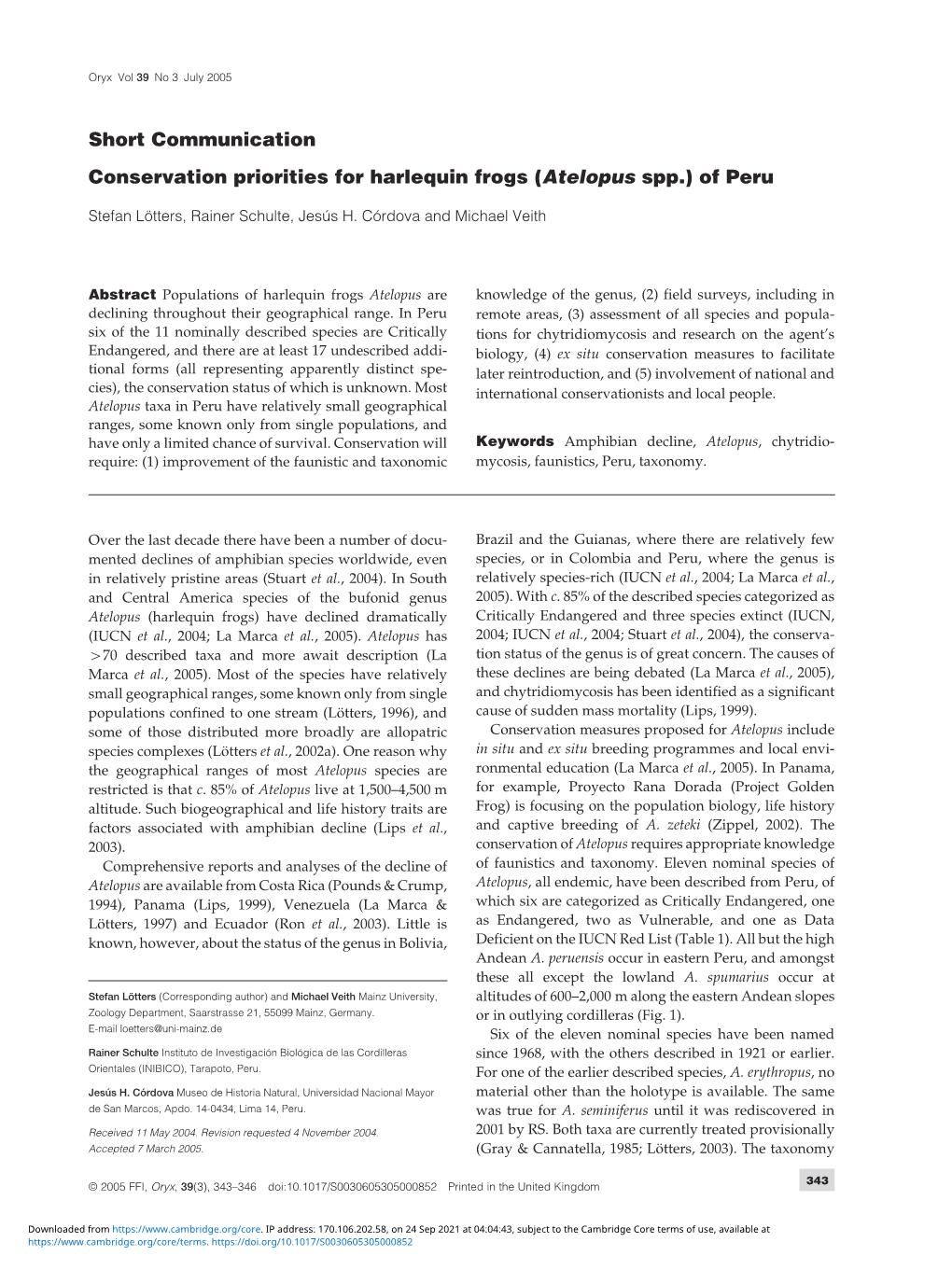 Conservation Priorities for Harlequin Frogs (Atelopus Spp.) of Peru