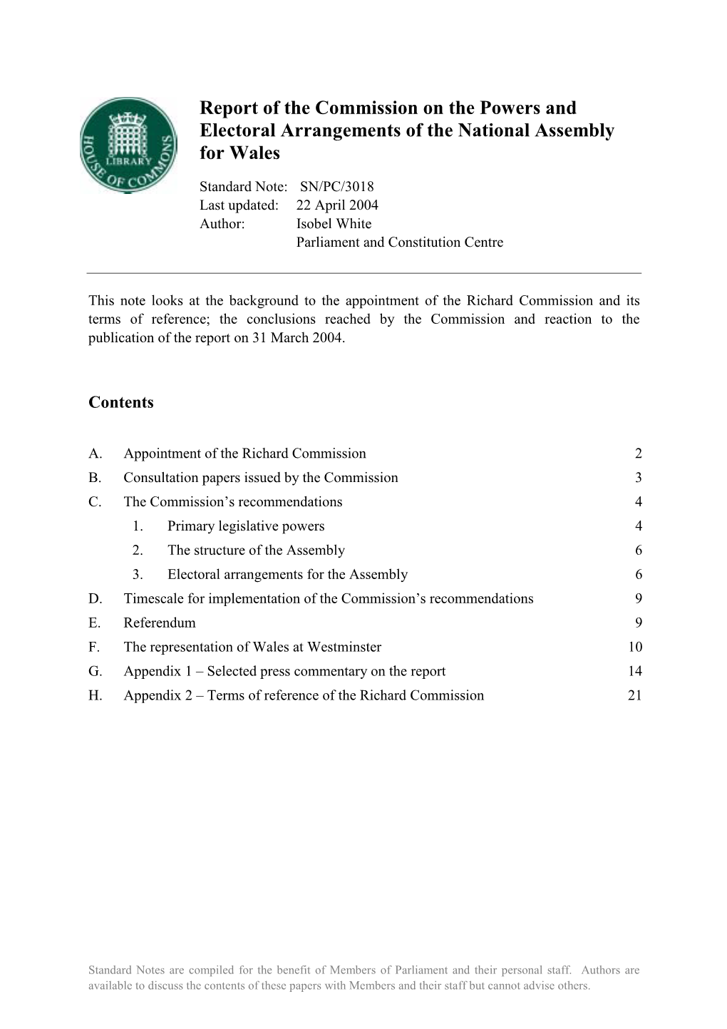 Report of the Commissions on the Powers Ans Electoral Arrangements