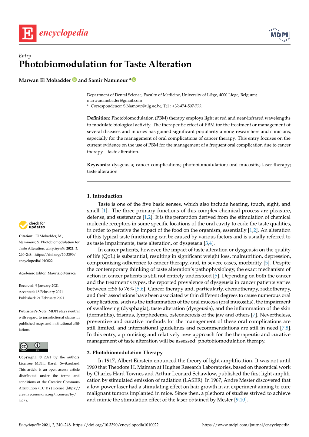 Photobiomodulation for Taste Alteration