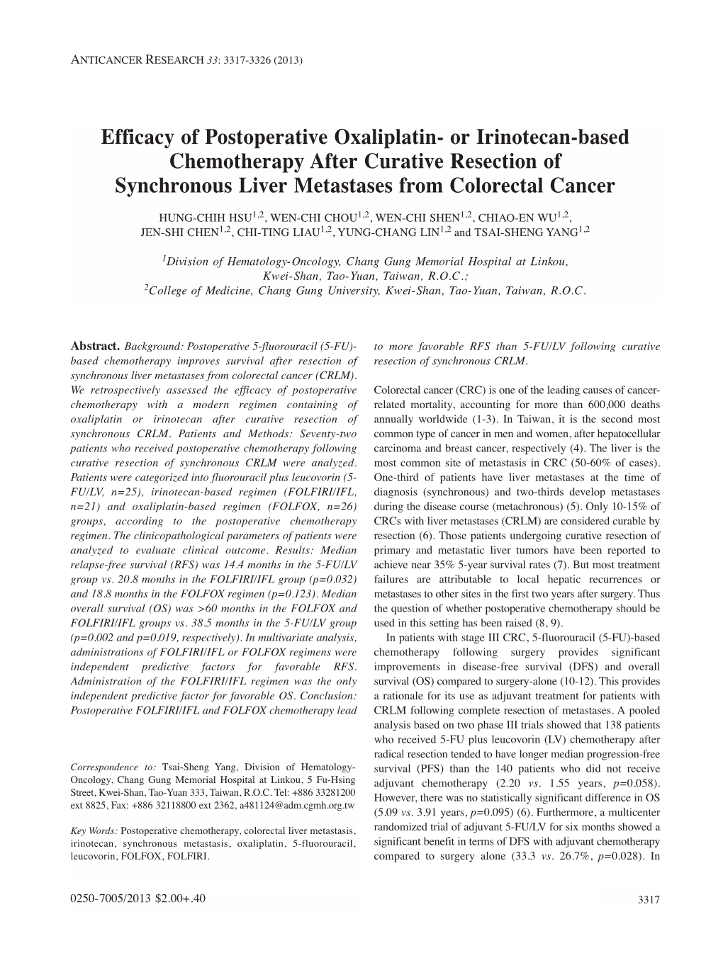 Or Irinotecan-Based Chemotherapy After Curative Resection of Synchronous Liver Metastases from Colorectal Cancer