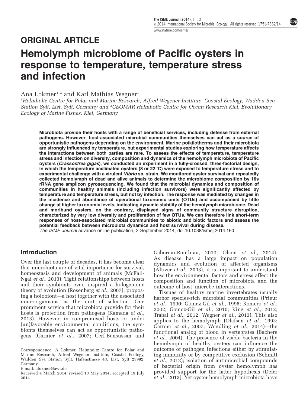 Hemolymph Microbiome of Pacific Oysters in Response to Temperature, Temperature Stress and Infection