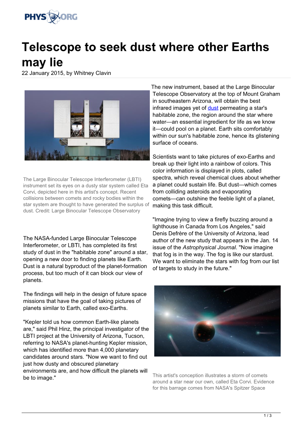 Telescope to Seek Dust Where Other Earths May Lie 22 January 2015, by Whitney Clavin