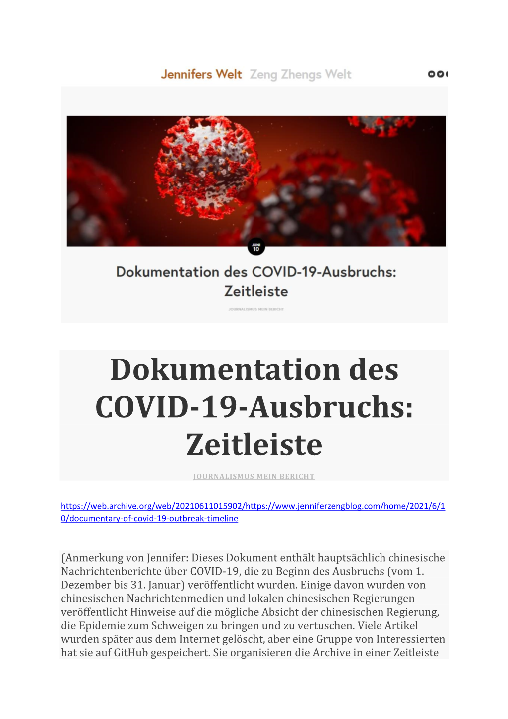 Dokumentation Des COVID-19-Ausbruchs: Zeitleiste