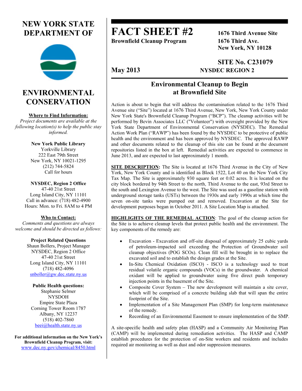 FACT SHEET #2 1676 Third Avenue Site Brownfield Cleanup Program 1676 Third Ave