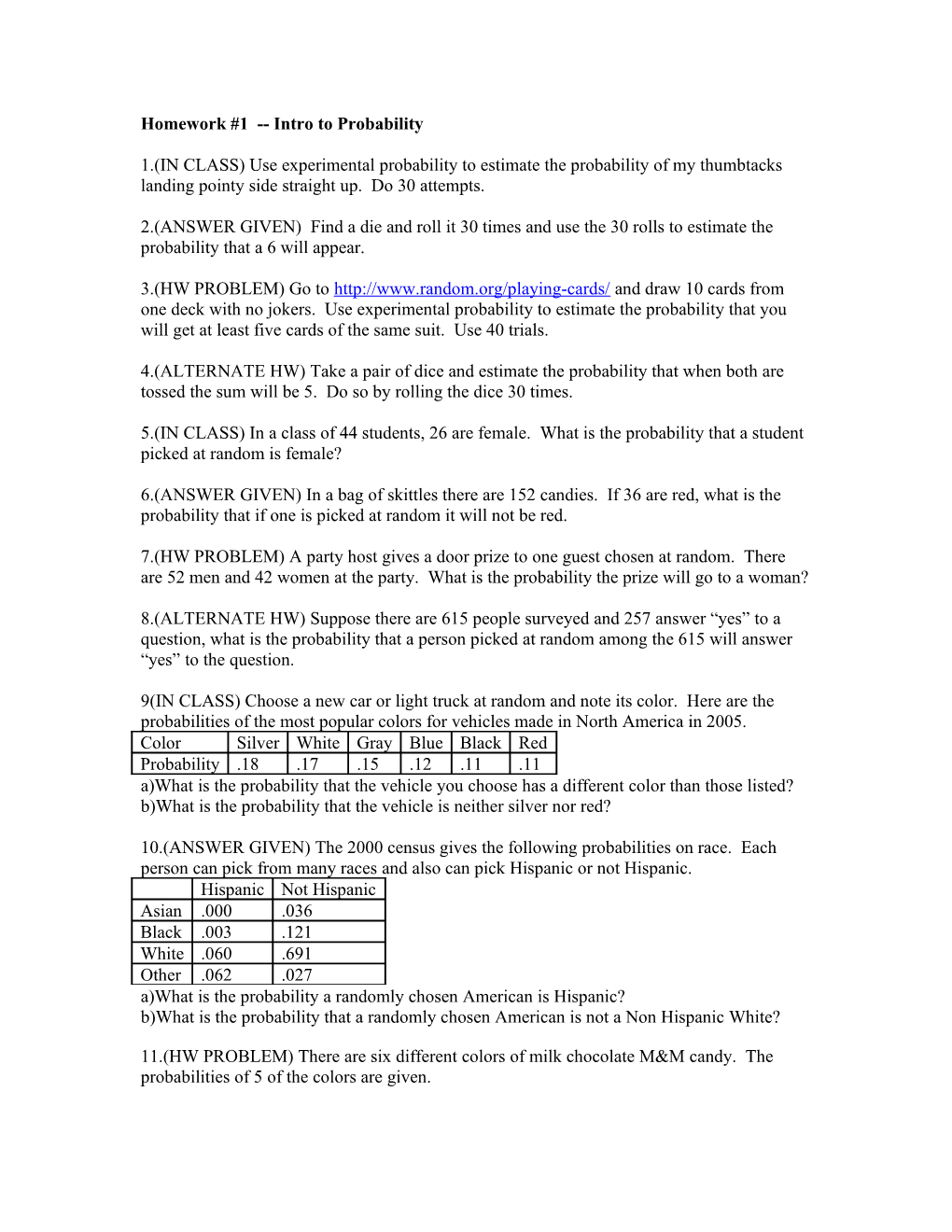 Homework #1 Intro to Probability