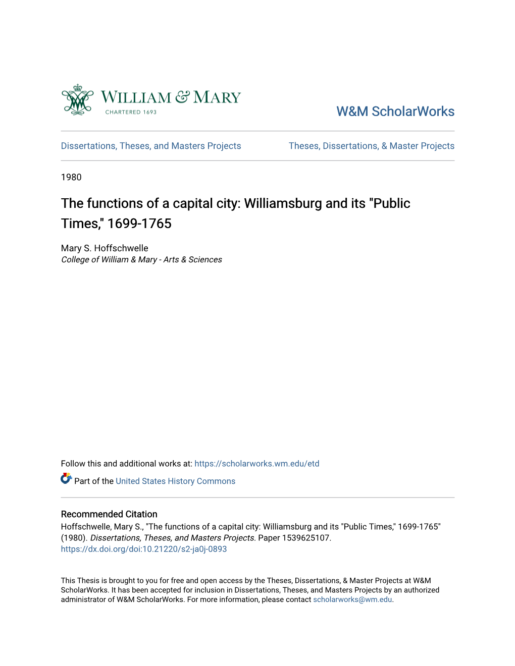 The Functions of a Capital City: Williamsburg and Its 