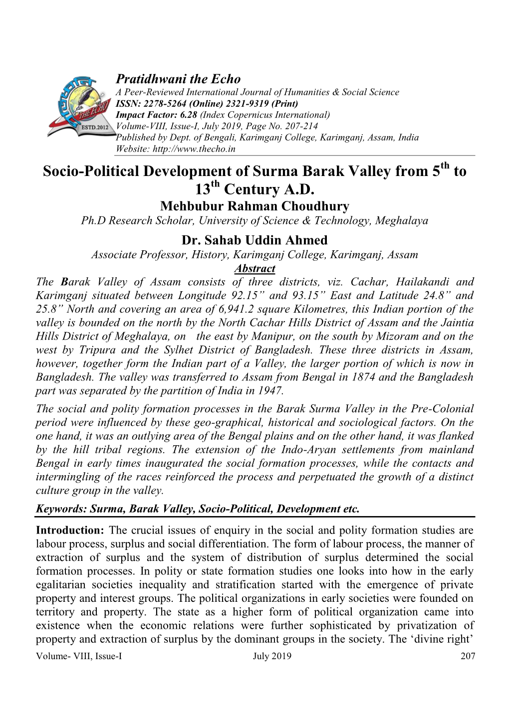 Socio-Political Development of Surma Barak Valley from 5 to 13 Century