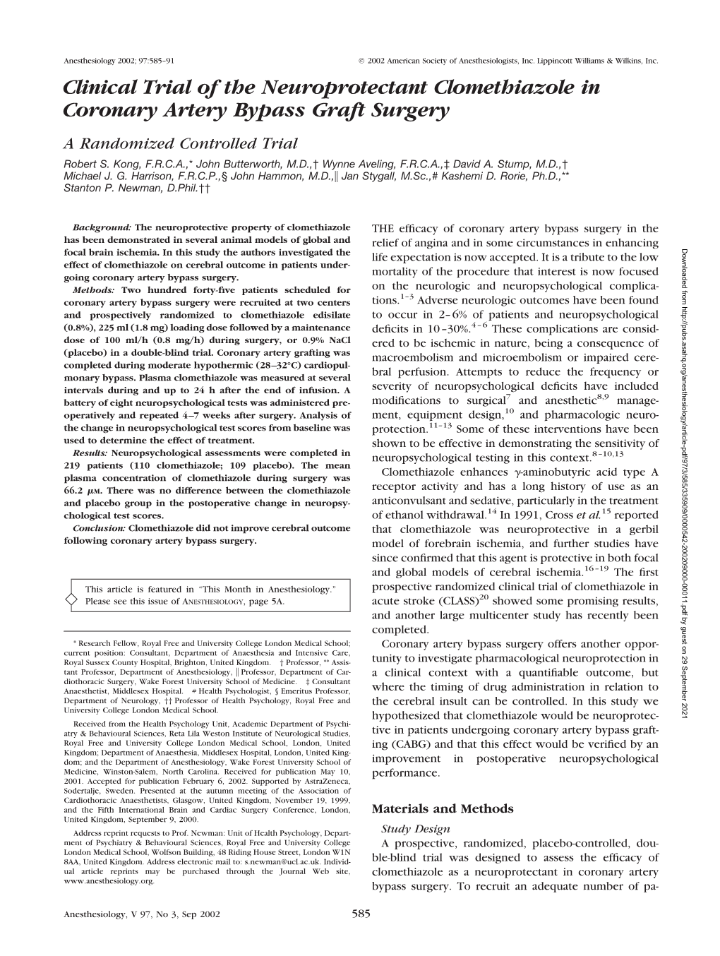 Clinical Trial of the Neuroprotectant Clomethiazole in Coronary Artery Bypass Graft Surgery a Randomized Controlled Trial Robert S