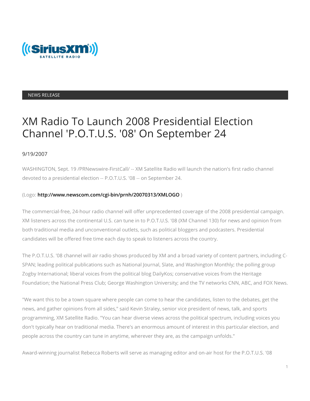 XM Radio to Launch 2008 Presidential Election Channel 'P.O.T.U.S. '08' on September 24