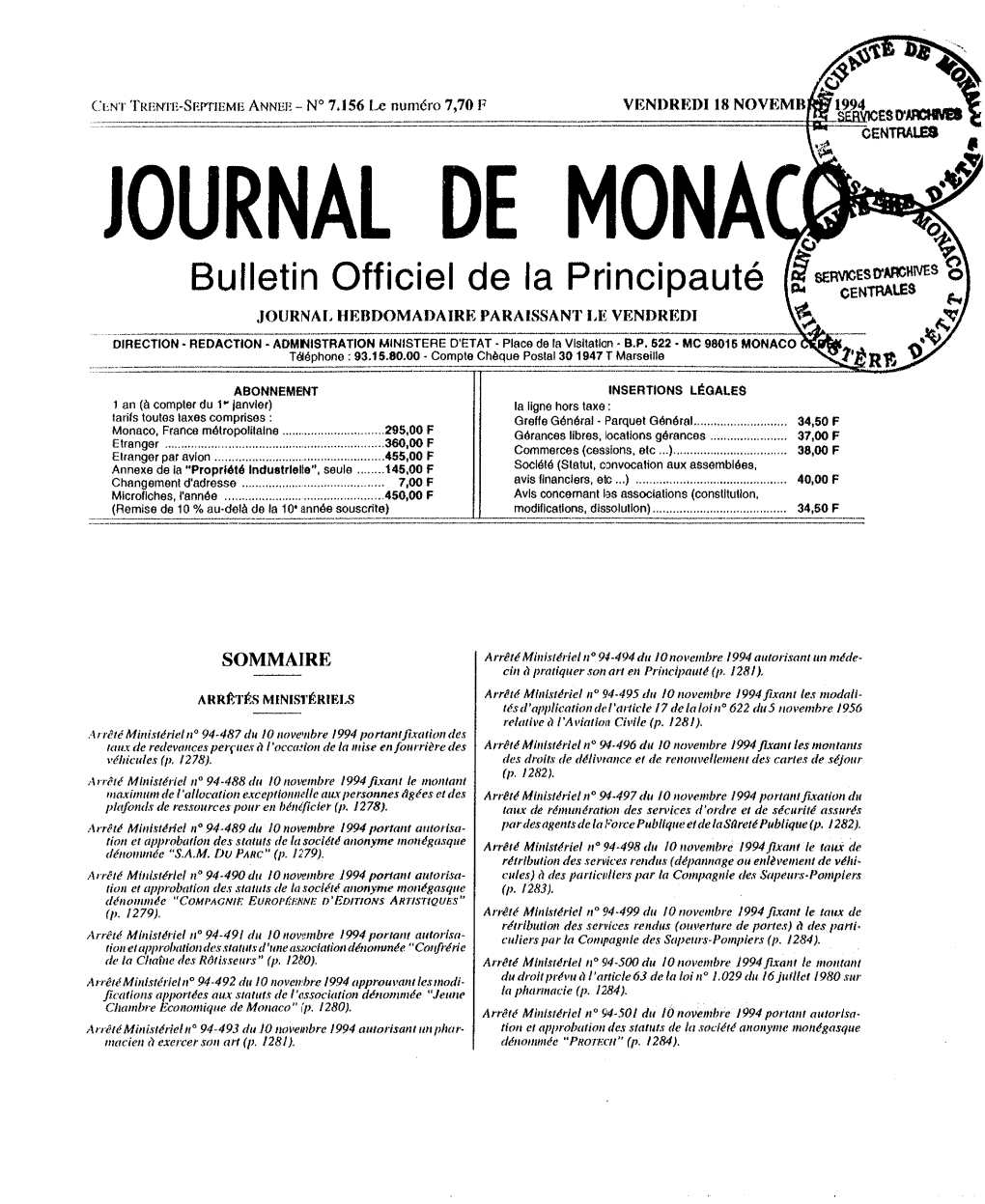 JOURNAL DE MONACO� Vendredi 18 Novembre 1994