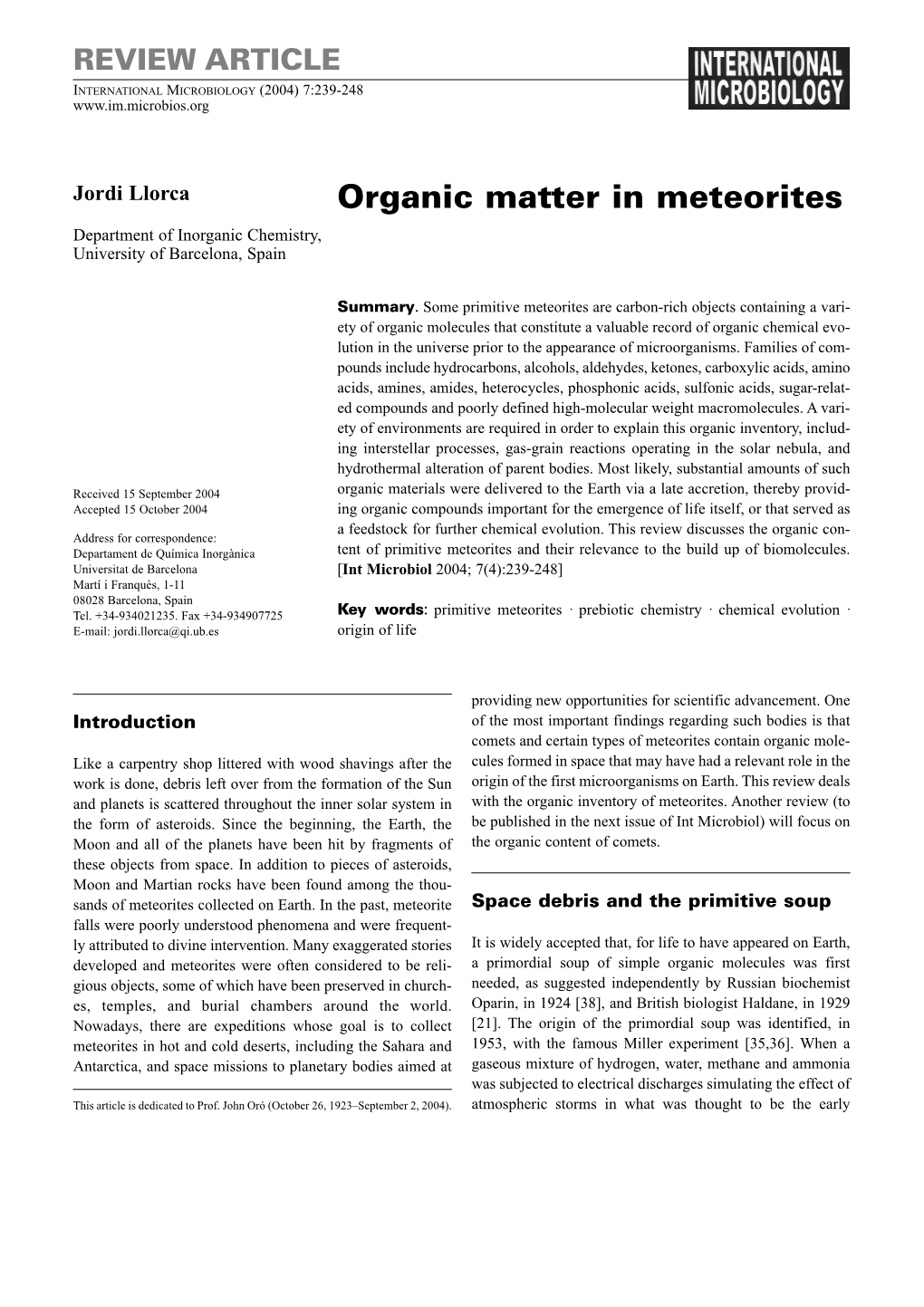 Organic Matter in Meteorites Department of Inorganic Chemistry, University of Barcelona, Spain