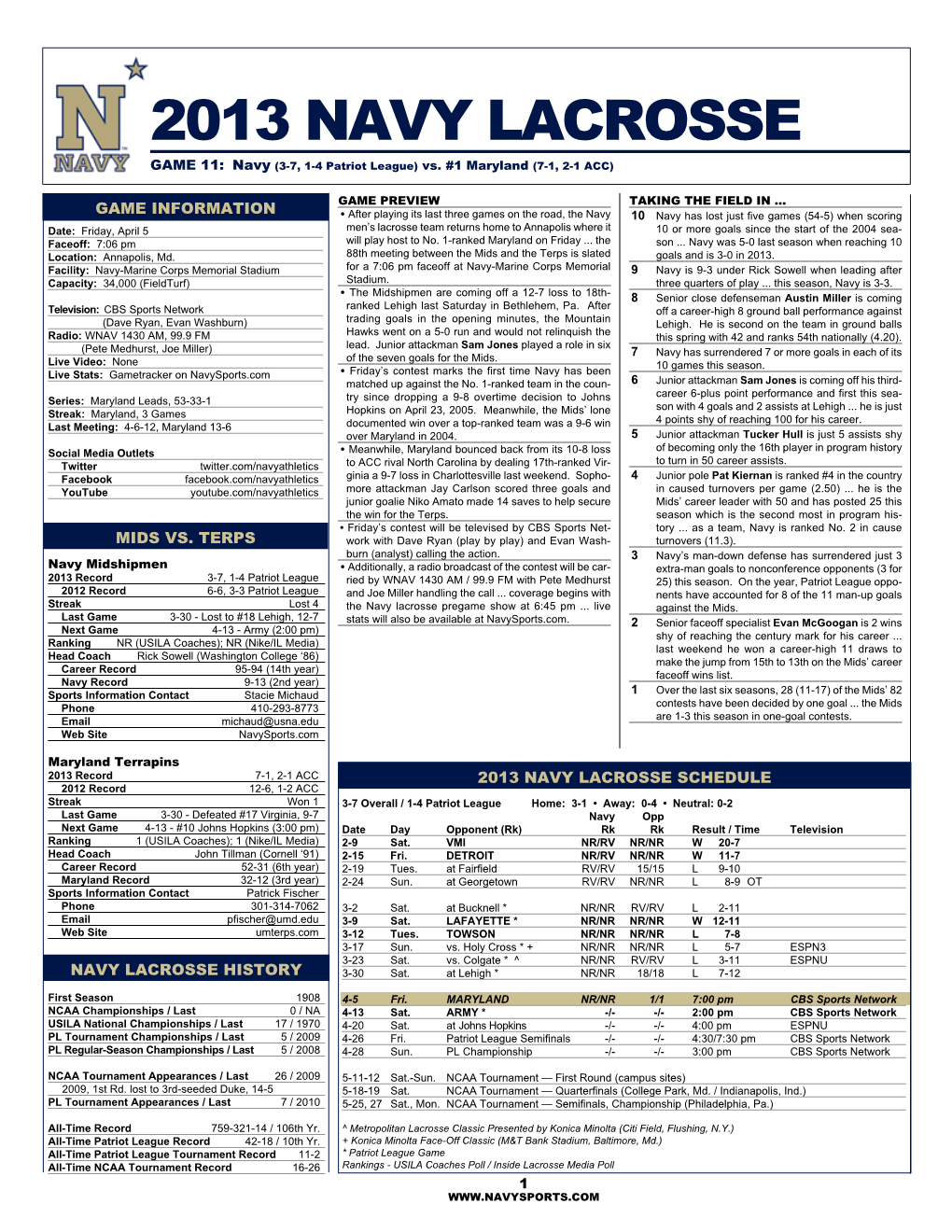 2013 Navy LACROSSE Game 11: Navy (3-7, 1-4 Patriot League) Vs