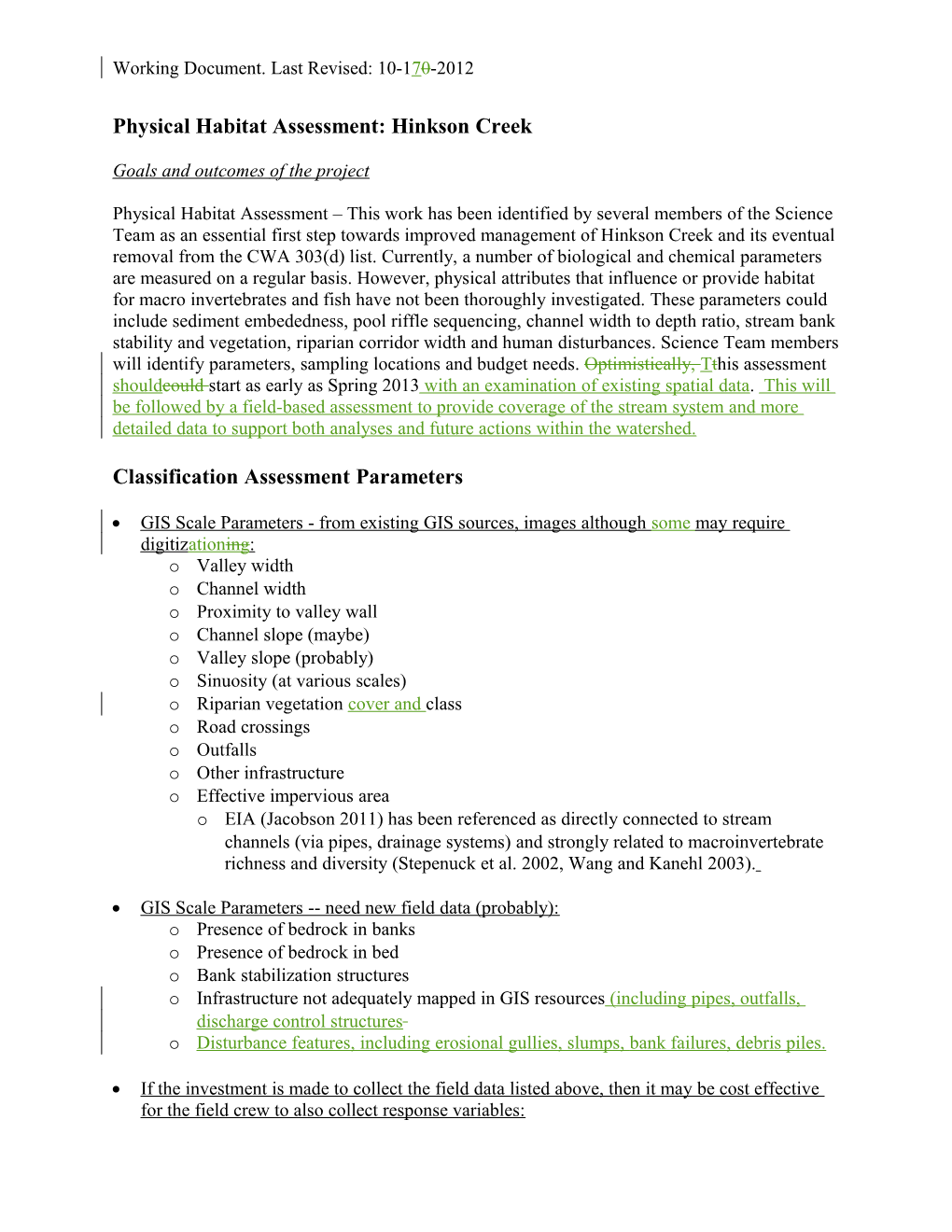 Physical Habitat Assessment: Hinkson Creek