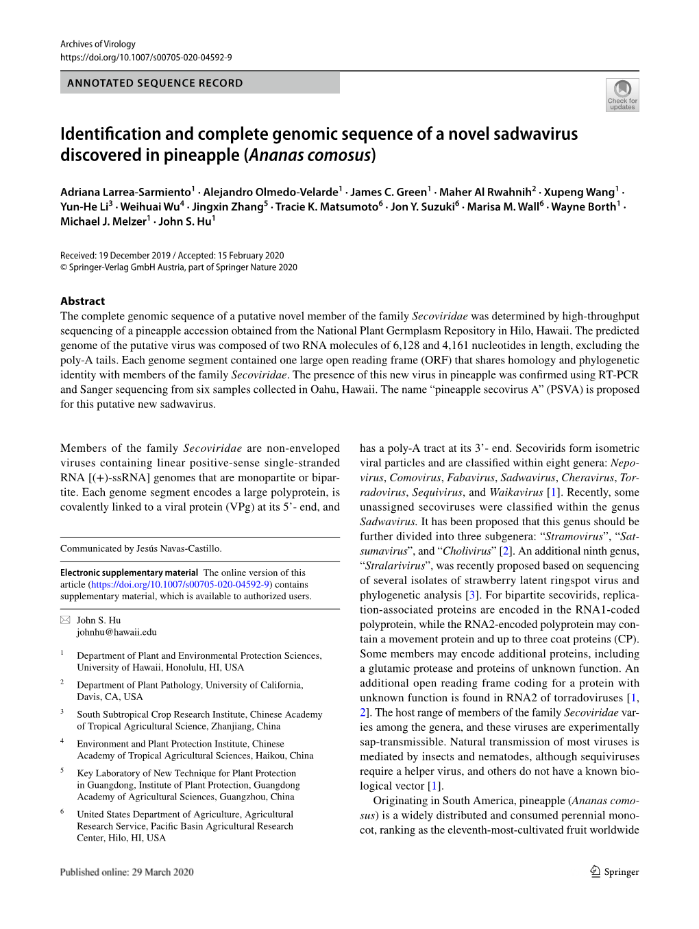 Identification and Complete Genomic Sequence of a Novel Sadwavirus