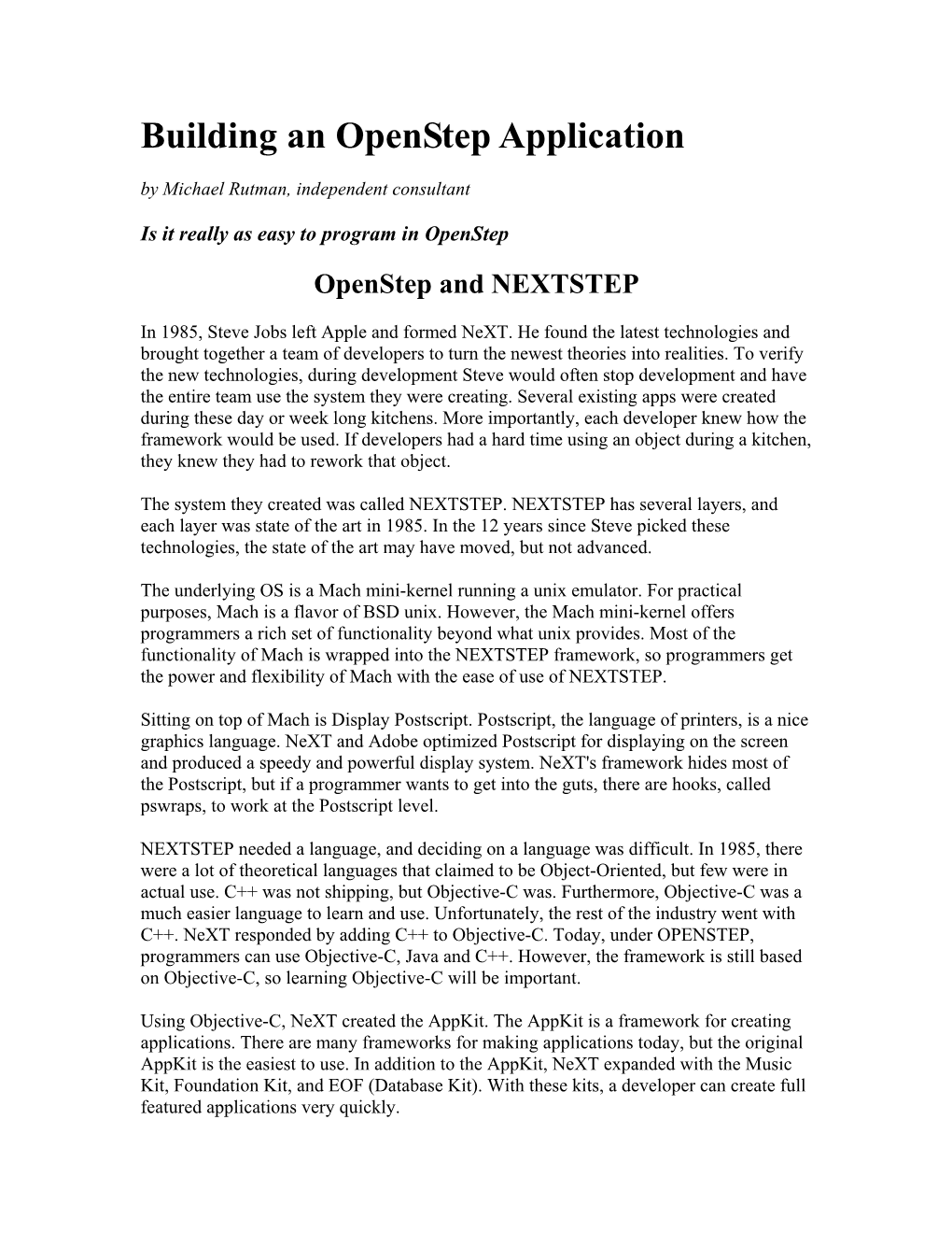 Building an Openstep Application by Michael Rutman, Independent Consultant