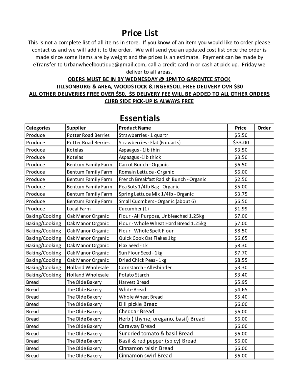 Price List This Is Not a Complete List of All Items in Store