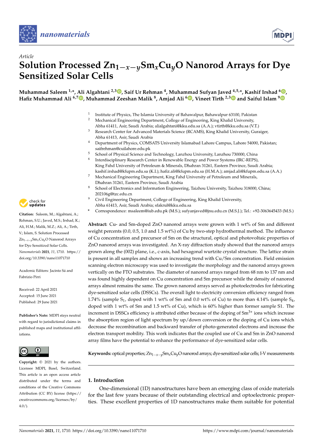 Solution Processed Zn1-X-Ysmxcuyo Nanorod Arrays for Dye Sensitized